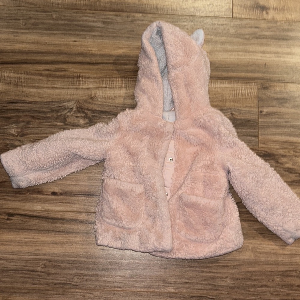 Girls Cat & Jack pink fluffy hooded snap button up sweater coat with ears sz 5T